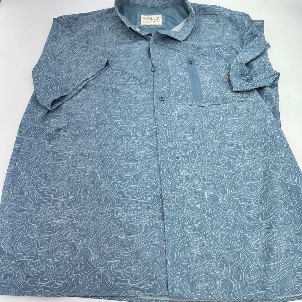 Gillz Shirt Mens LARGE  Geo Print Short Sleeve Button Up Zip Pocket Fishing